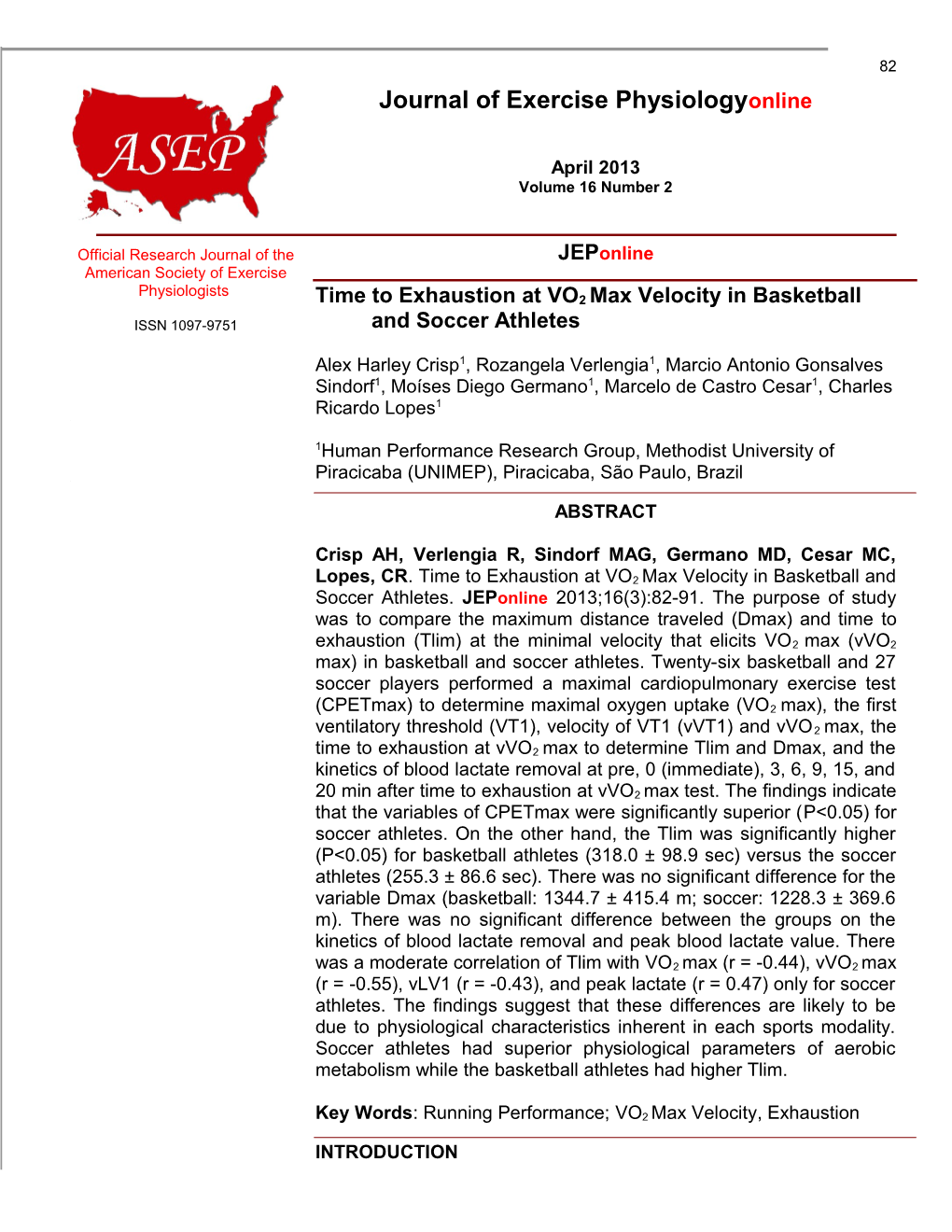 Time to Exhaustion at Vo2max Velocity in Basketball and Soccer Athletes