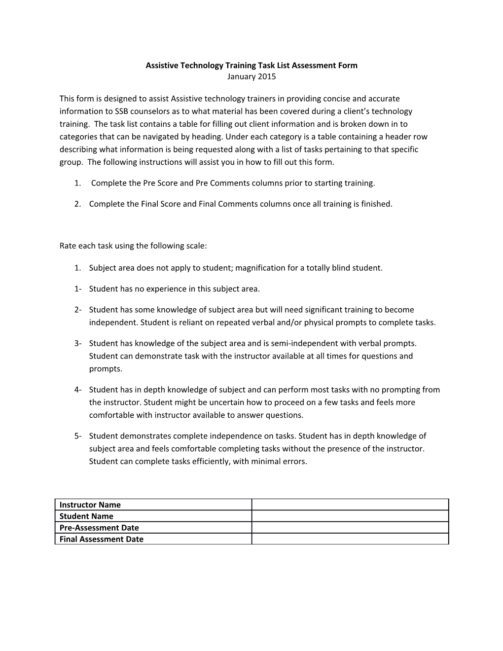 Assistive Technology Training Task List Assessment Form