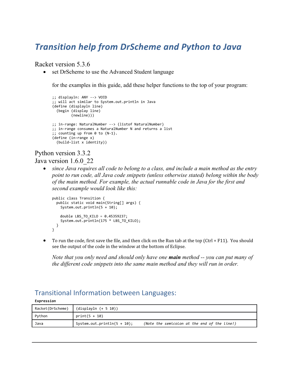 Transition Help from Drscheme and Python to Java