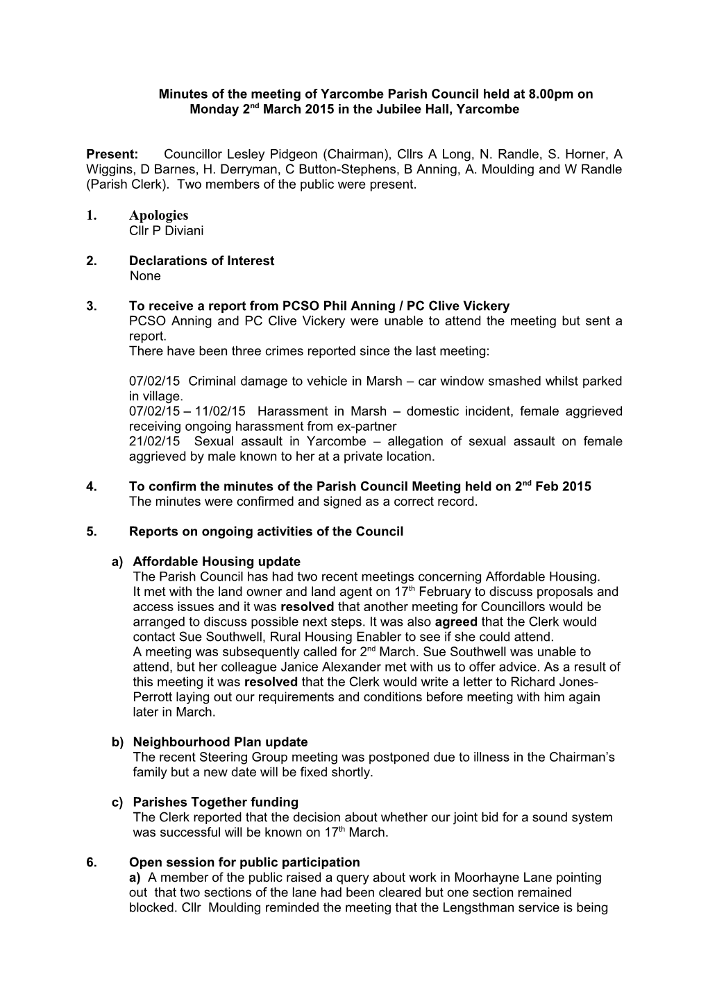 Minutes of the Meeting of Yarcombe Parish Council Held at 8.00Pm On
