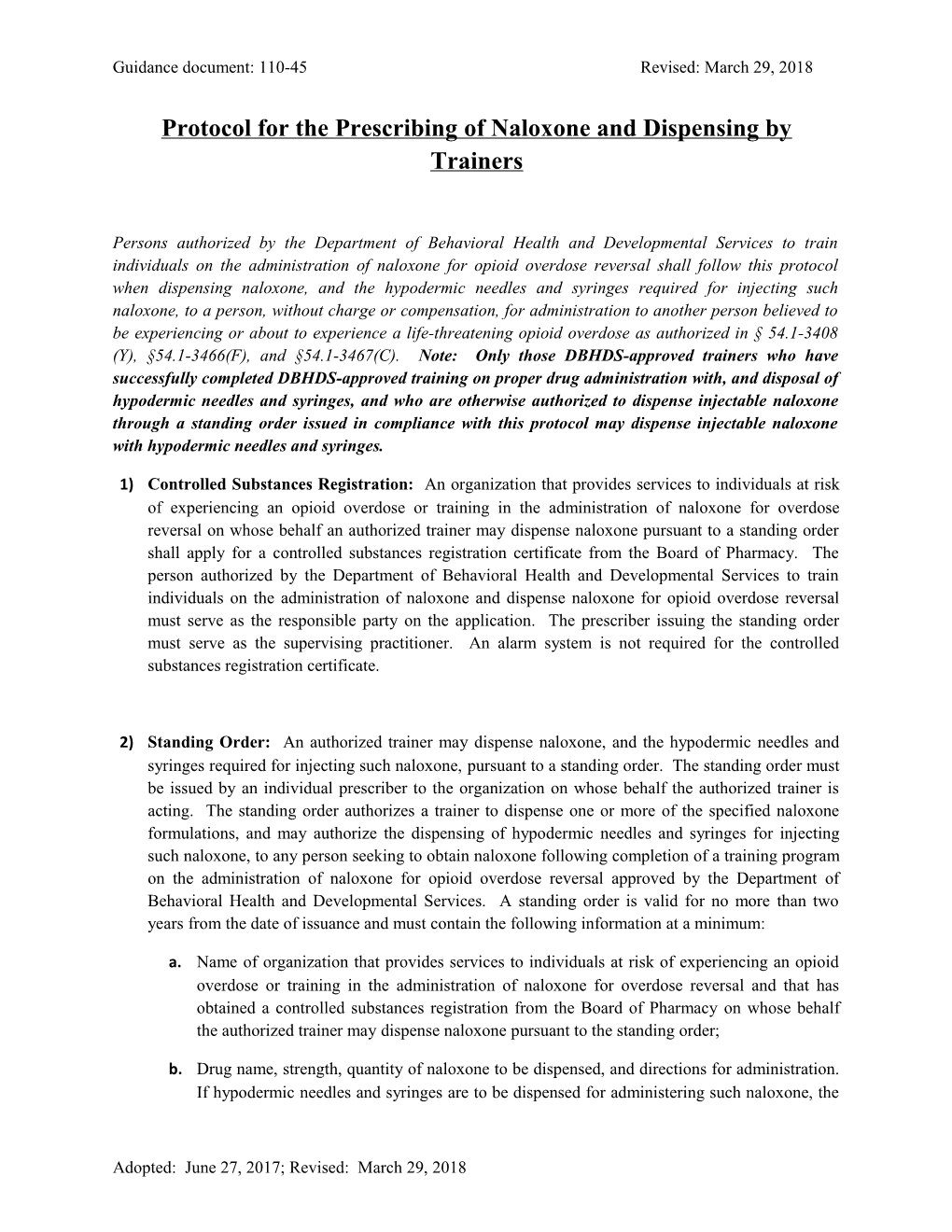 Protocol for the Prescribing of Naloxoneand Dispensing by Trainers