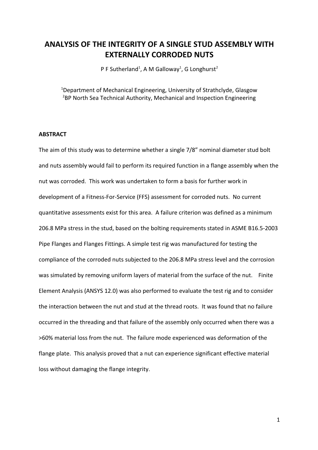 Analysis of the Integrity of a Single Stud Assembly with Externally Corroded Nuts