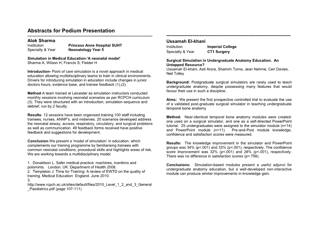 Abstracts for Podium Presentation
