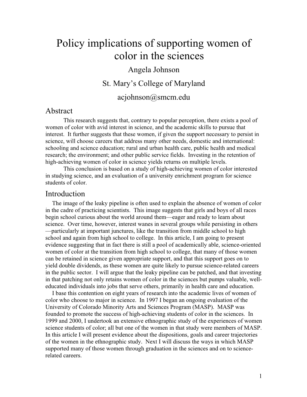 Policy Implications of Supporting Women of Color in the Sciences