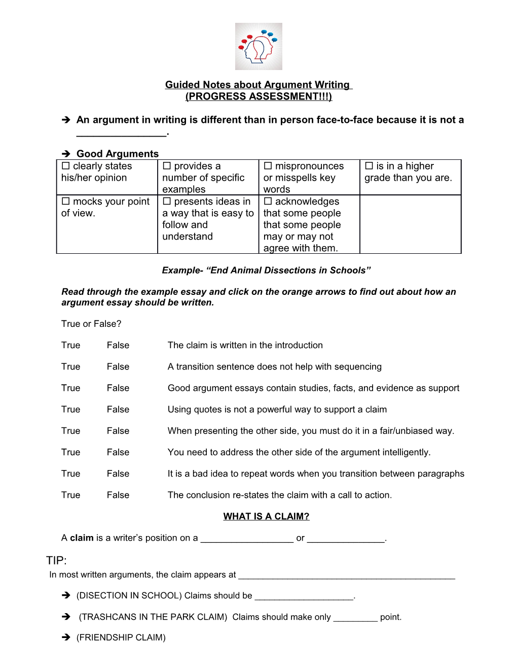 Guided Notes About Argument Writing