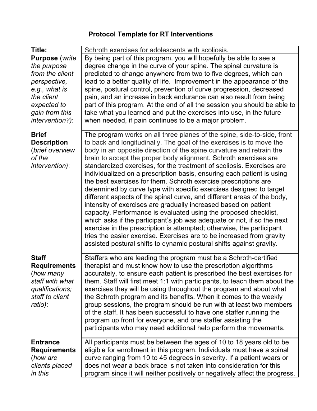 Protocol Template for RT Interventions