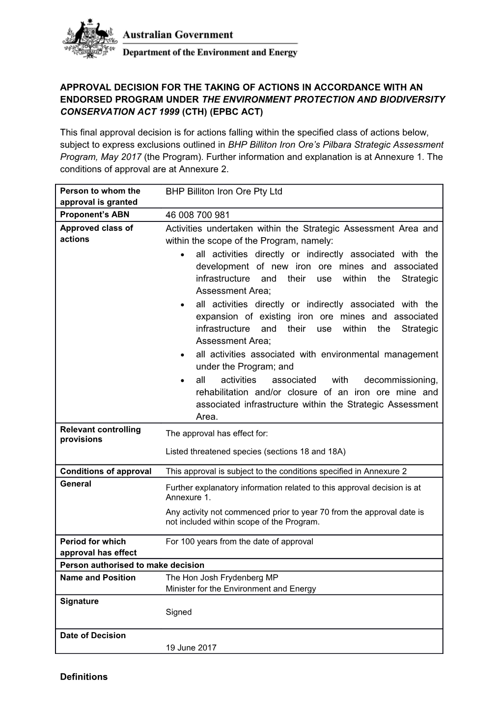 Approval Decision for the Taking of Actions in Accordance with an Endorsed Program Under