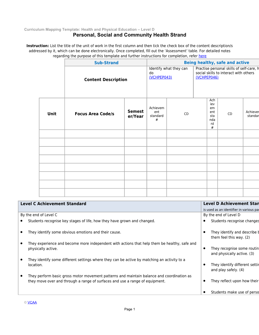 Curriculum Mapping Template: Health and Physical Education Level D