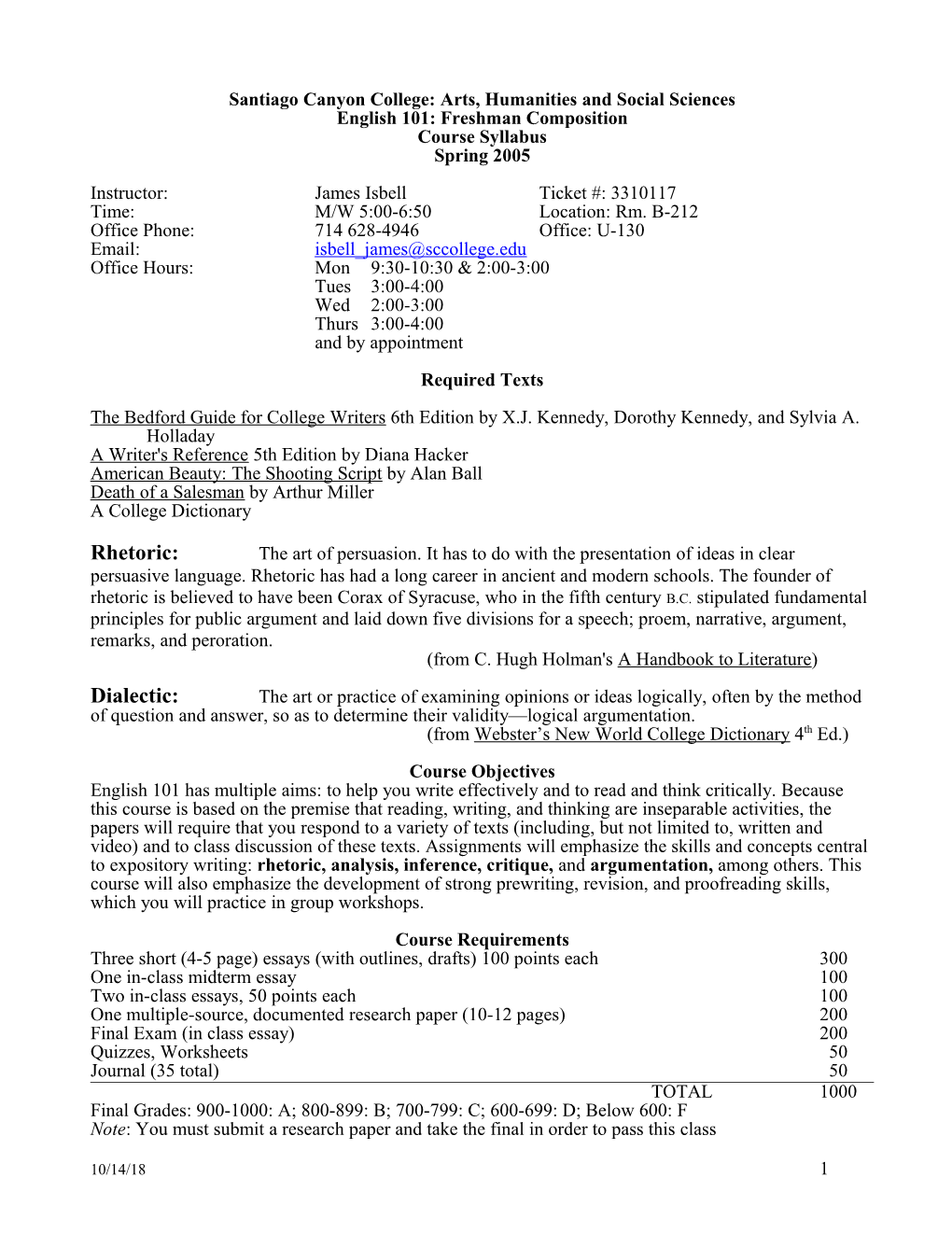 Sp 05 Eng 101 M/W 5-7 Syllabus