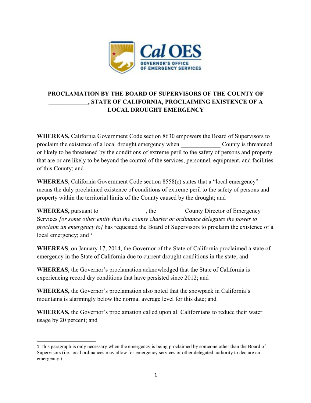 Proclamation by the Board of Supervisors of the County of ______, State of California