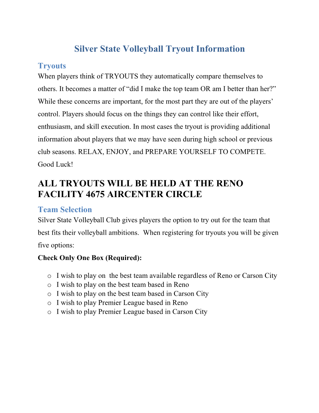 Silver State Volleyball Tryout Information