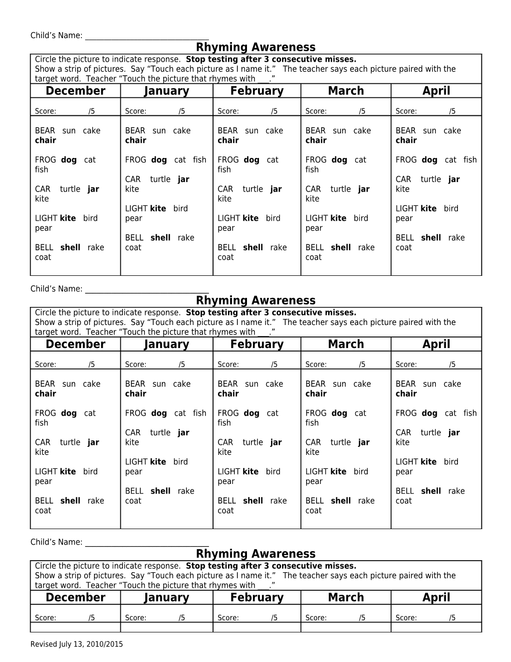 Beginning Sounds Record a + Or to Indicate Correct and Incorrect Response