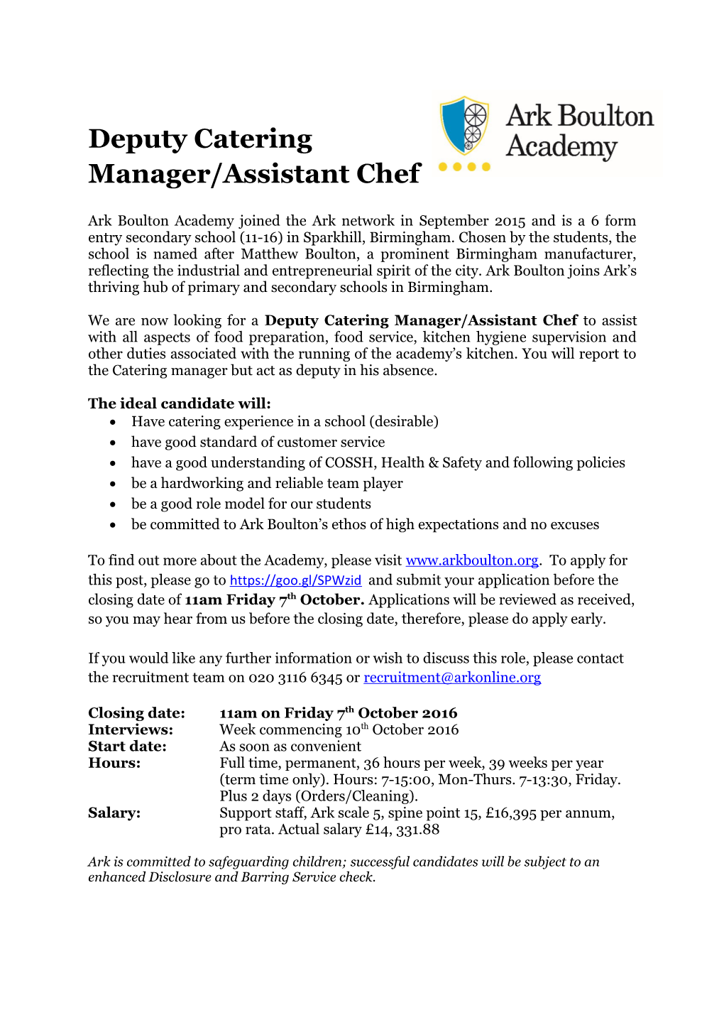 Deputy Catering Manager/Assistant Chef