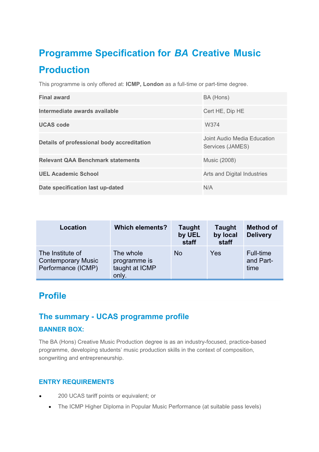 Programme Specification Forbacreativemusic Production