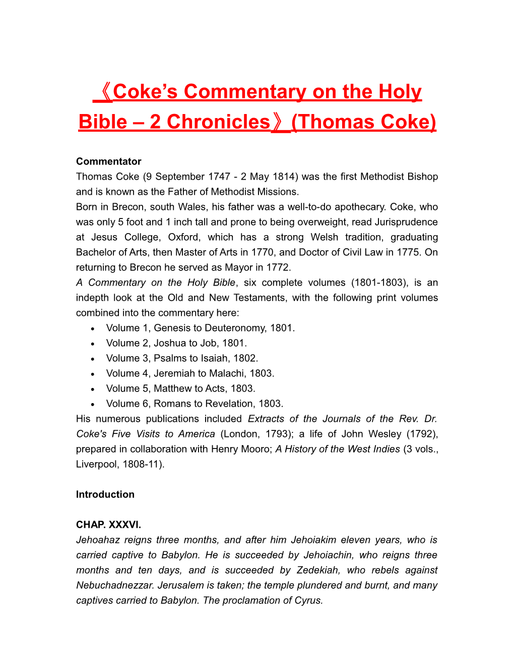 Coke S Commentary on the Holy Bible 2 Chronicles (Thomas Coke)