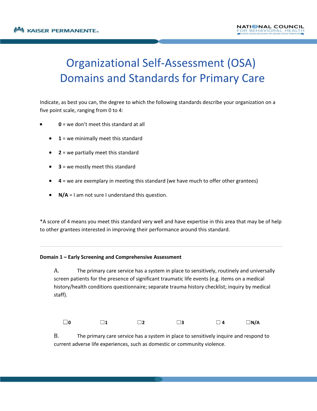 Organizational Self-Assessment (OSA) Domains and Standards for Primary Care