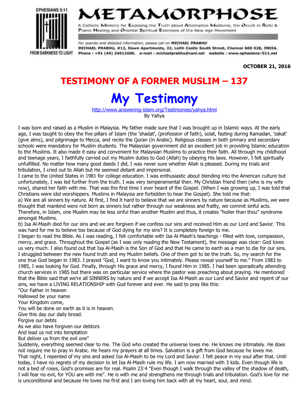 Testimony of a Former Muslim 137