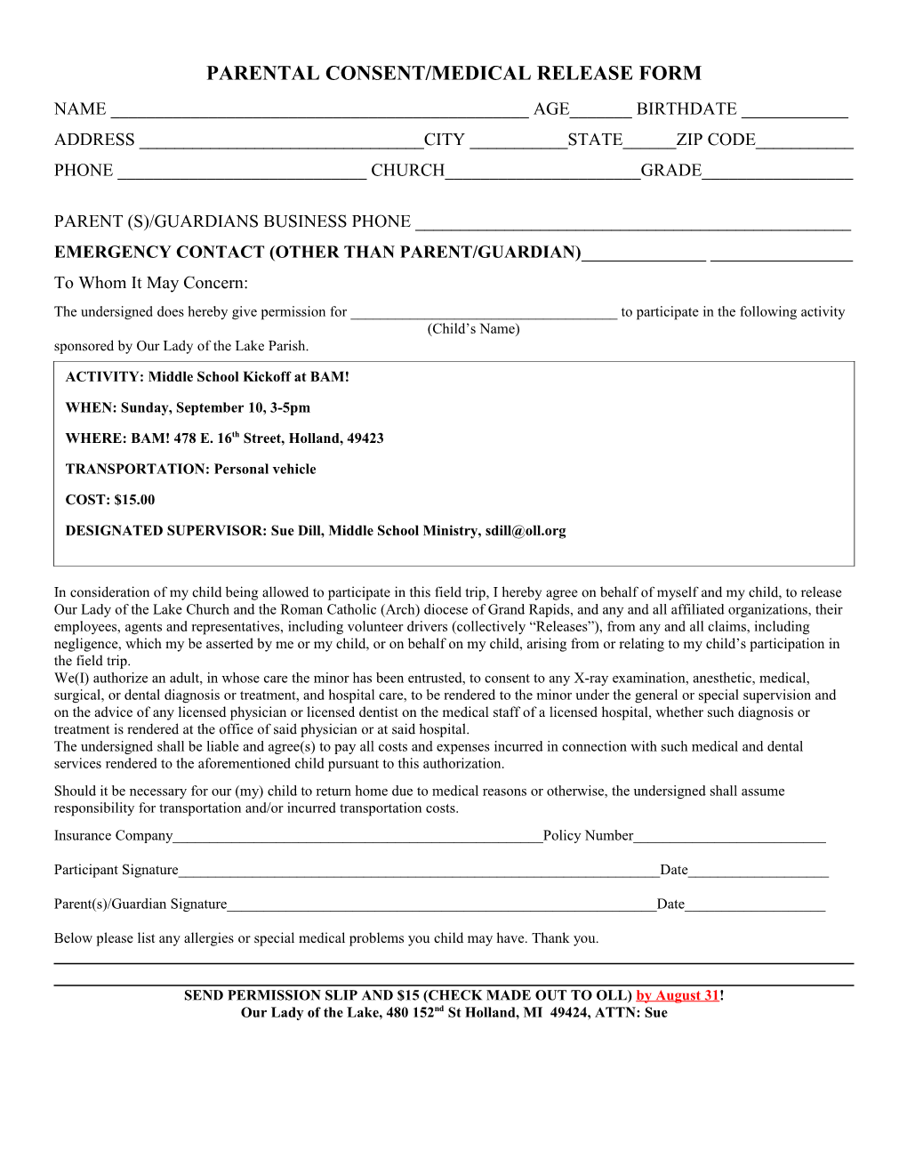 Parental Consent/Medical Release Form