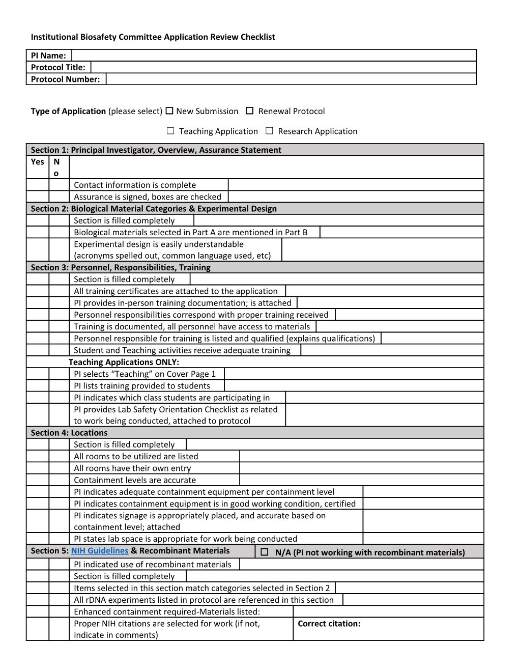 Institutional Biosafety Committee Application Review Checklist
