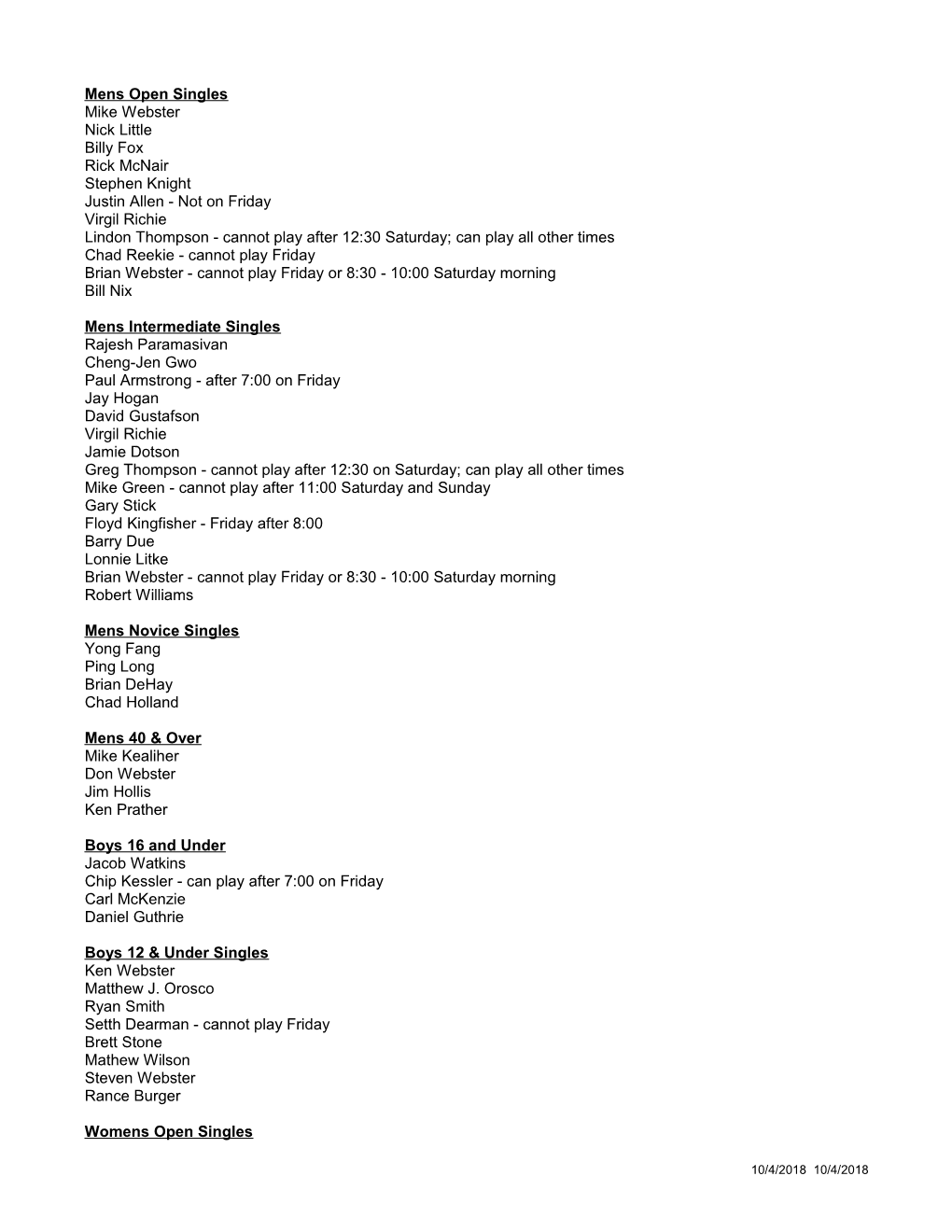 Mens Open Singles