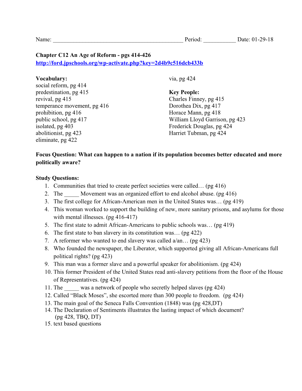 Chapter C12 an Age of Reform- Pgs 414-426