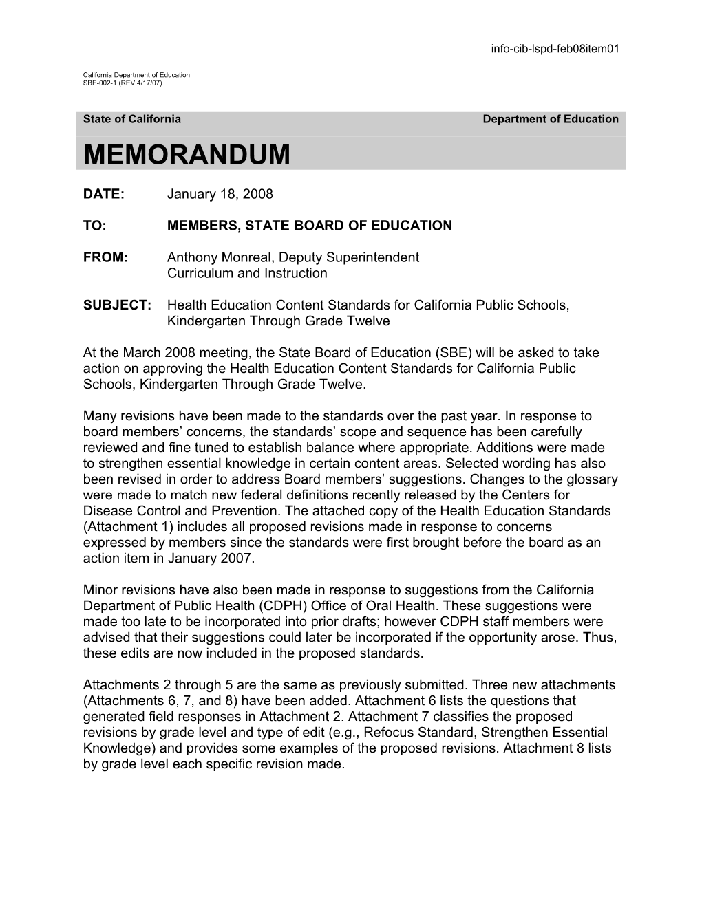 February 2008 LSPD Item 1 - Information Memorandum (CA State Board of Education)