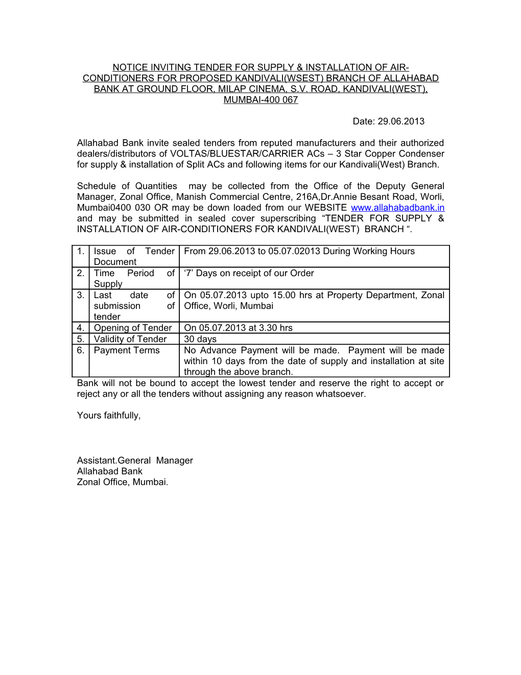 Notice Inviting Tender for Supply & Installation of Air-Conditioners for Proposed