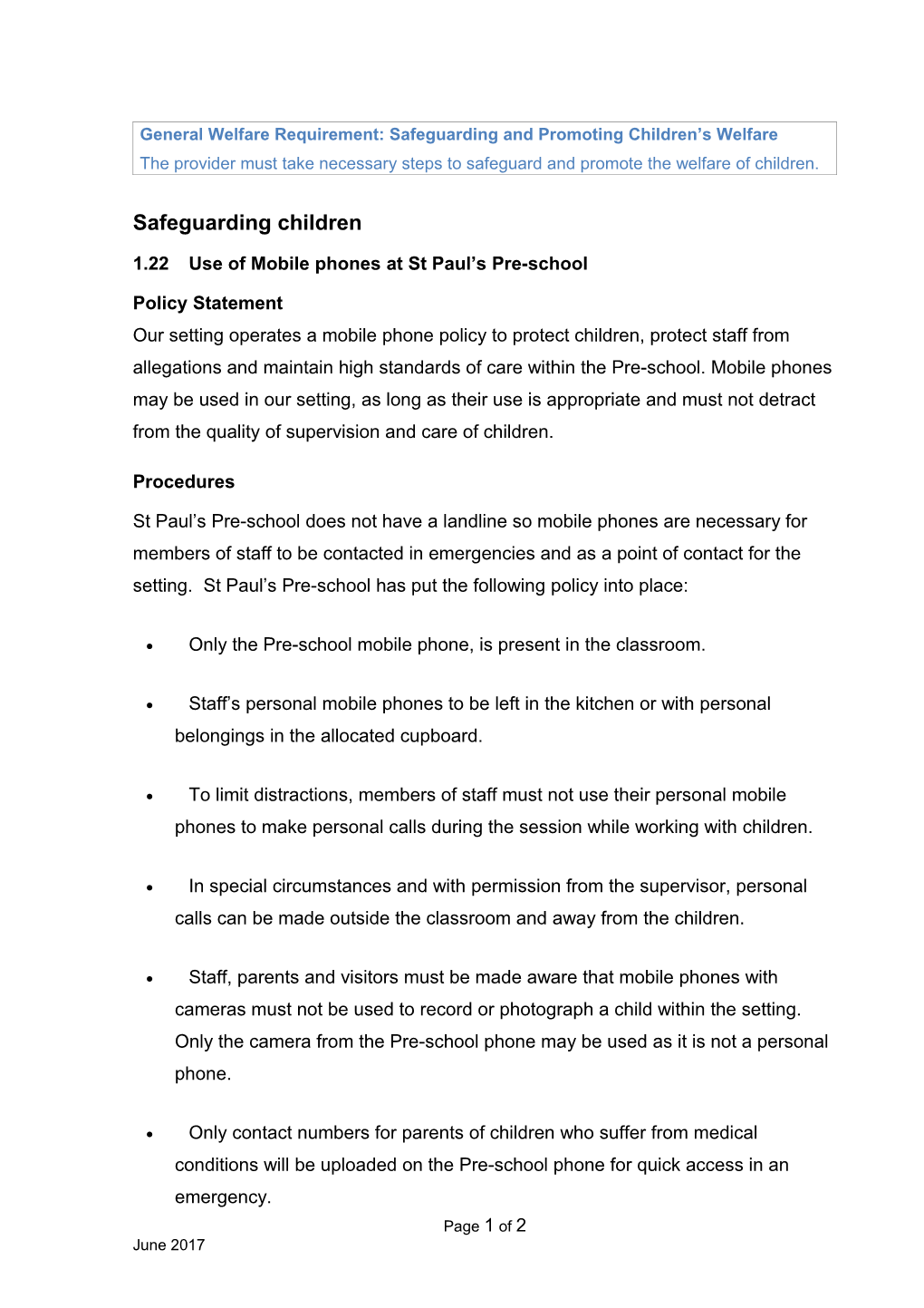 Use of Mobile Phones at St Paul S Pre-School