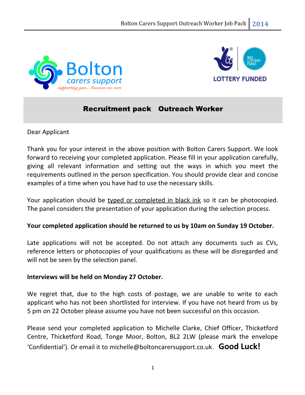 Bolton Carers Support Outreach Worker Job Pack