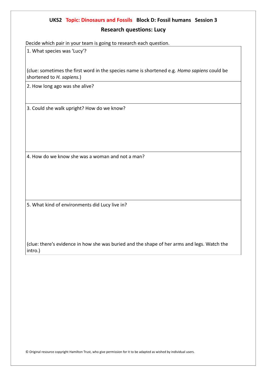 UKS2 Topic: Dinosaurs and Fossils Block D: Fossil Humans Session 3