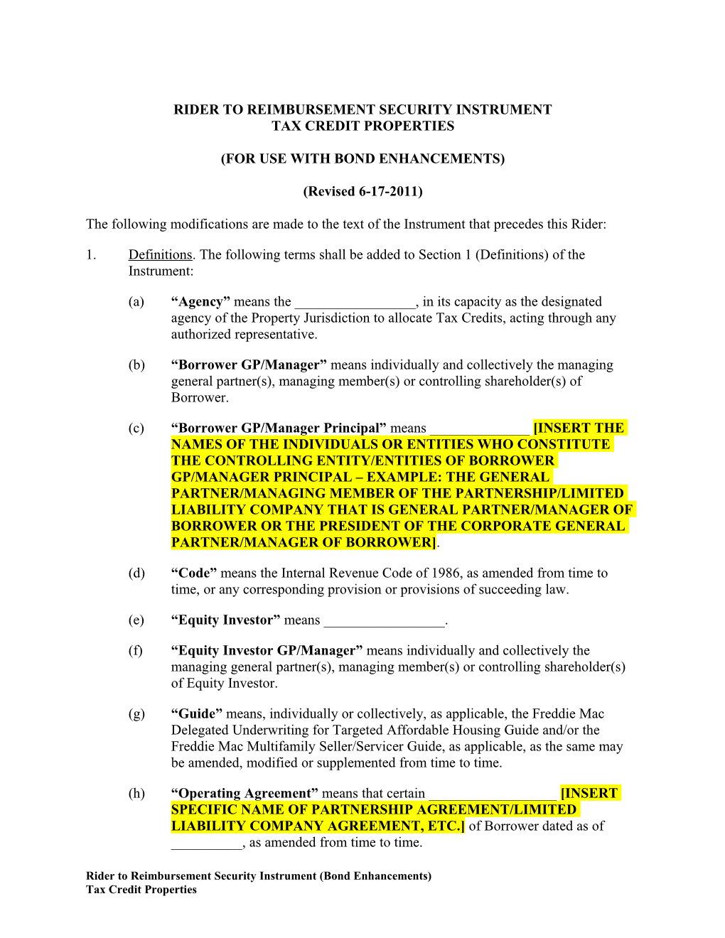 Modifications to Reimbursement Security Instrument