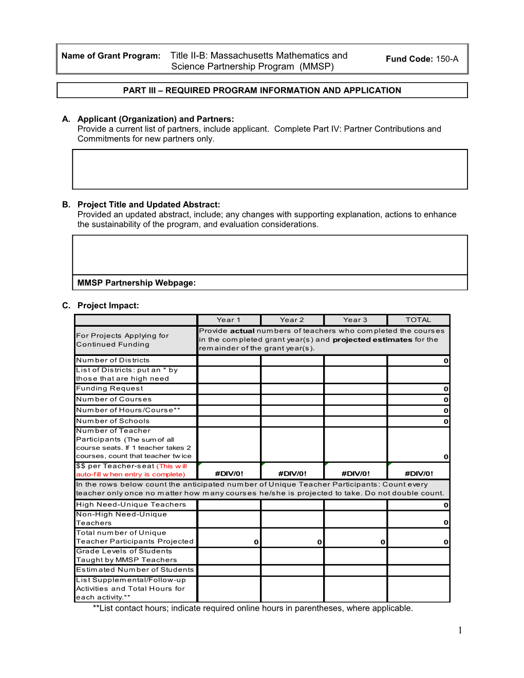 FY2016 Fund Code 150A Title II-B Part III