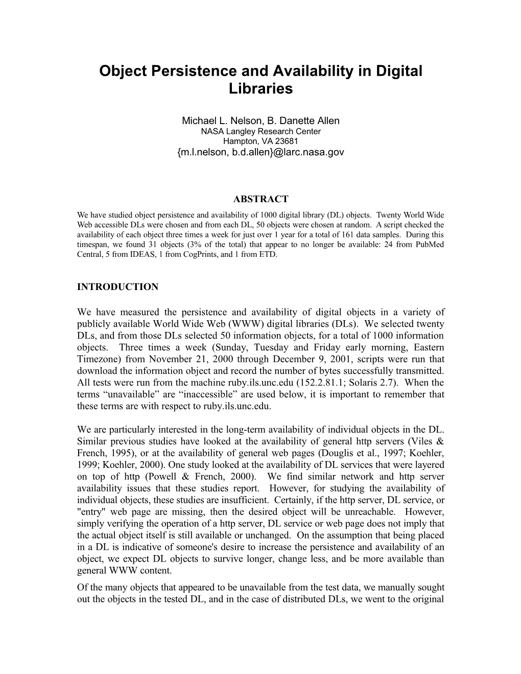 Object Persistence and Availability in Digital Libraries