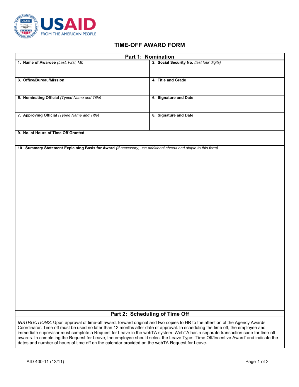 AID 400-11 - Time-Off Award Form