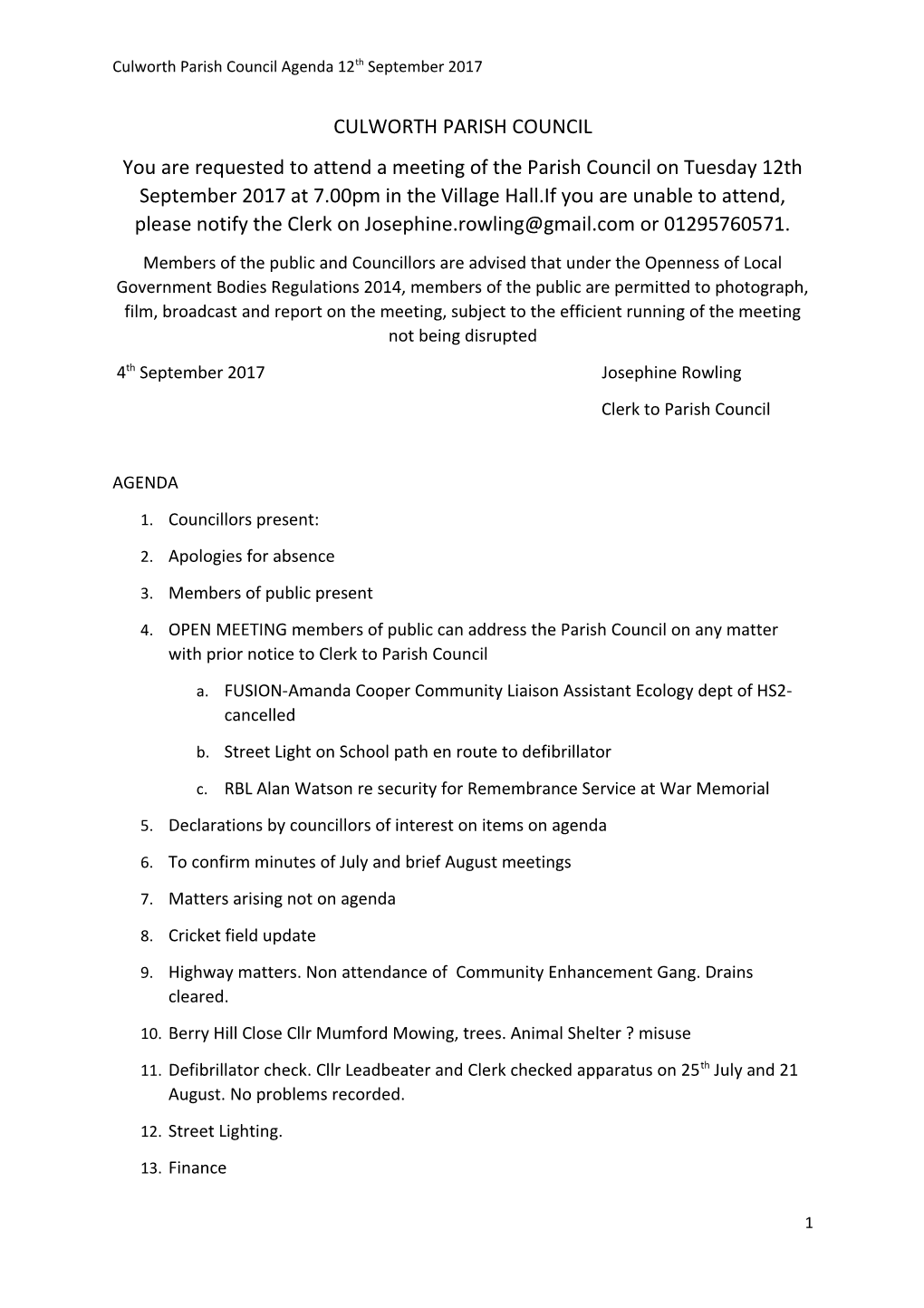 Culworth Parish Council Agenda 12Th September 2017