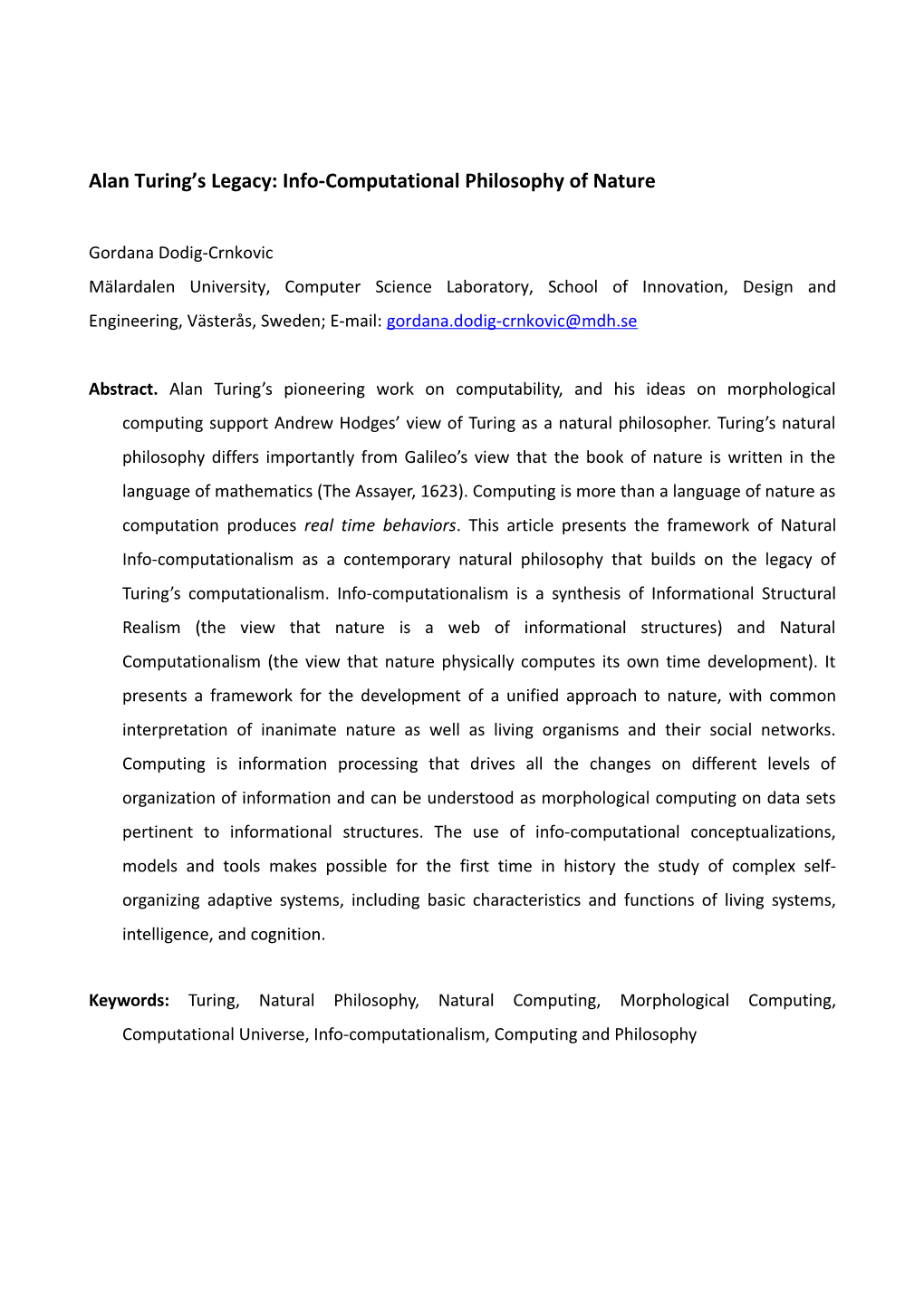 Alan Turing S Legacy: Info-Computational Philosophy of Nature