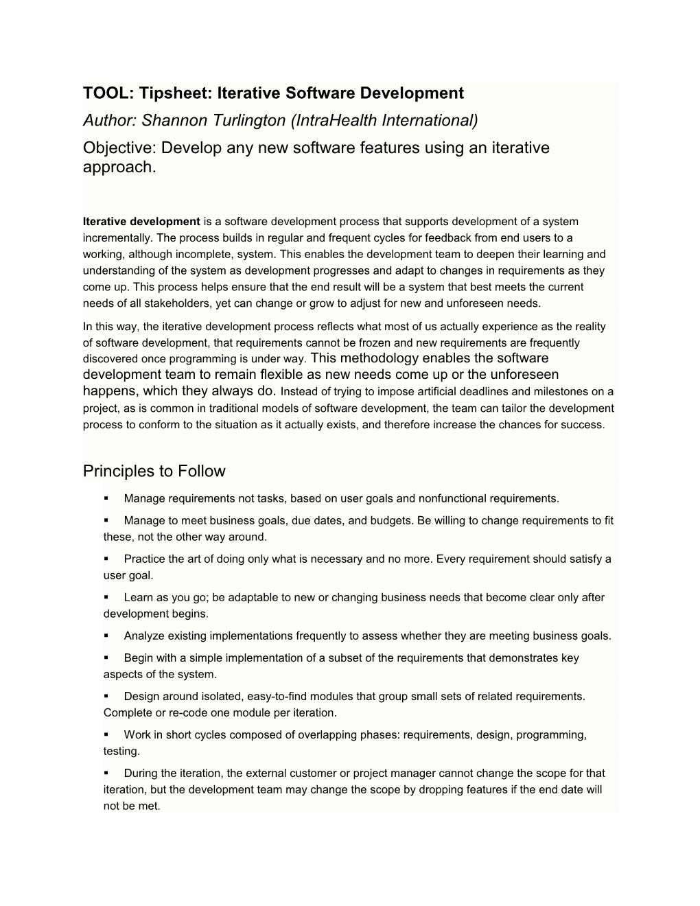 TOOL: Tipsheet: Iterative Software Development