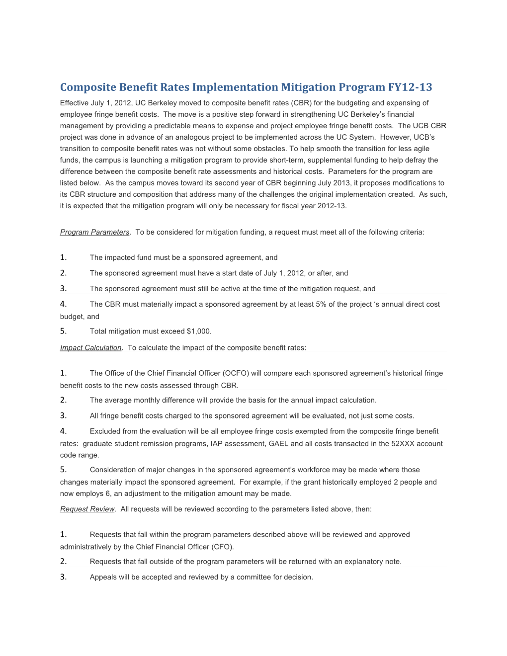 Composite Benefit Rates Implementation Mitigation Program FY12-13