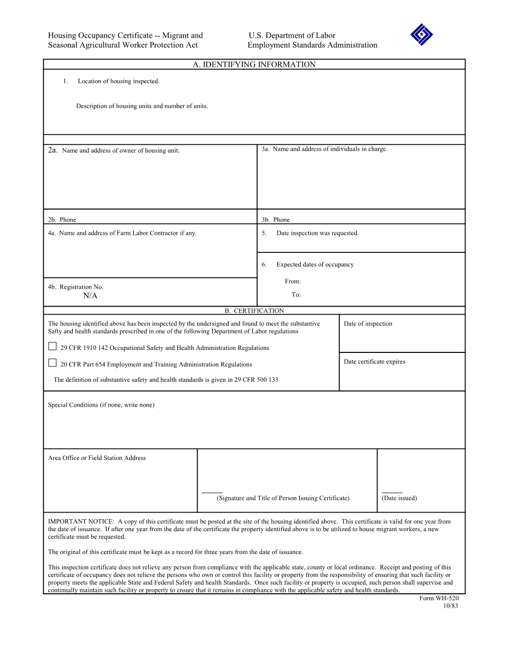 Housing Occupancy Certificate Migrant and U