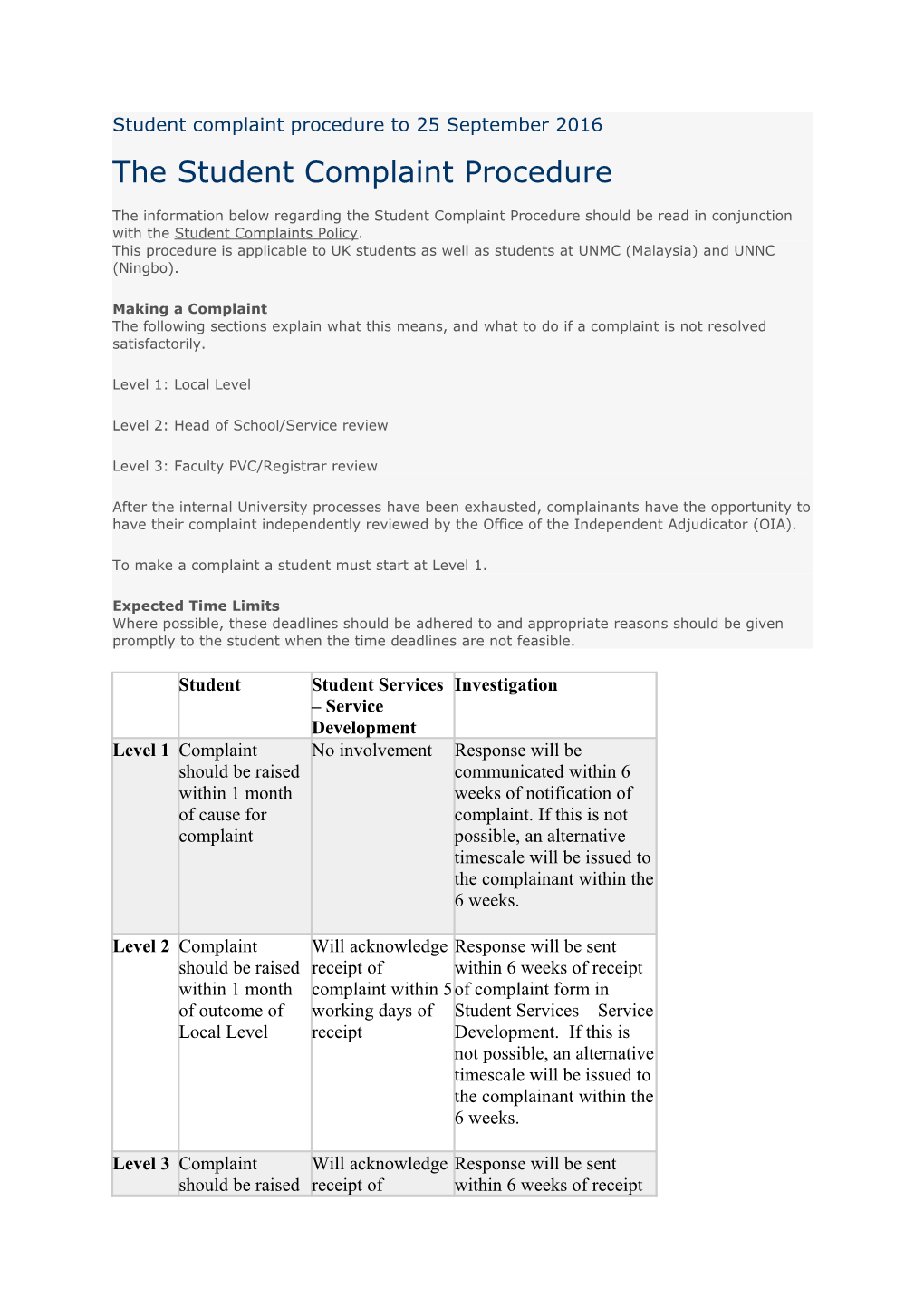 Student Complaint Procedure to 25 September 2016