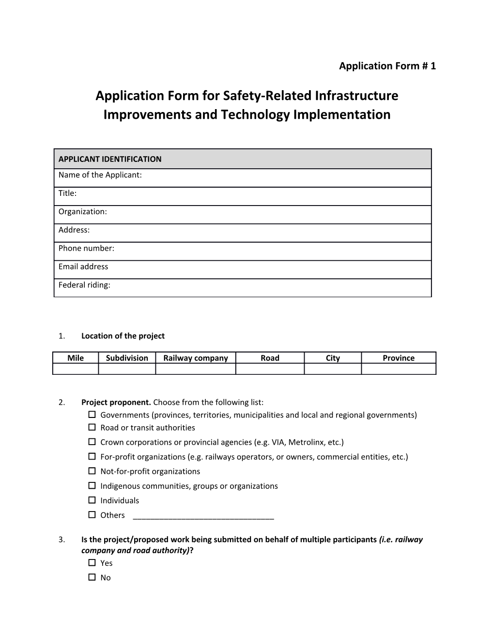 Application Form for Safety-Related Infrastructure Improvements and Technology Implementation