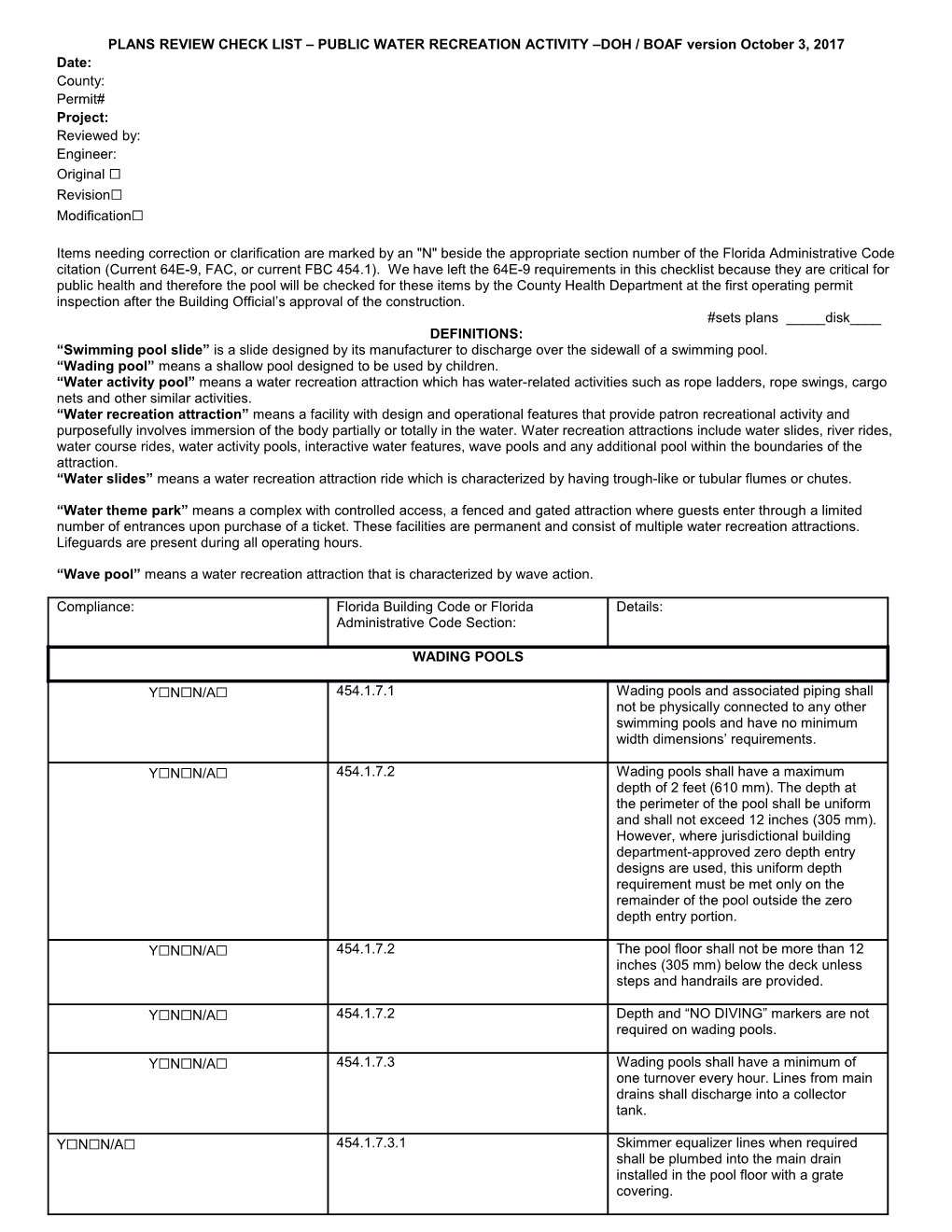 PLANS REVIEW CHECK LIST PUBLIC WATER RECREATION ACTIVITY DOH / BOAF Version October 3, 2017