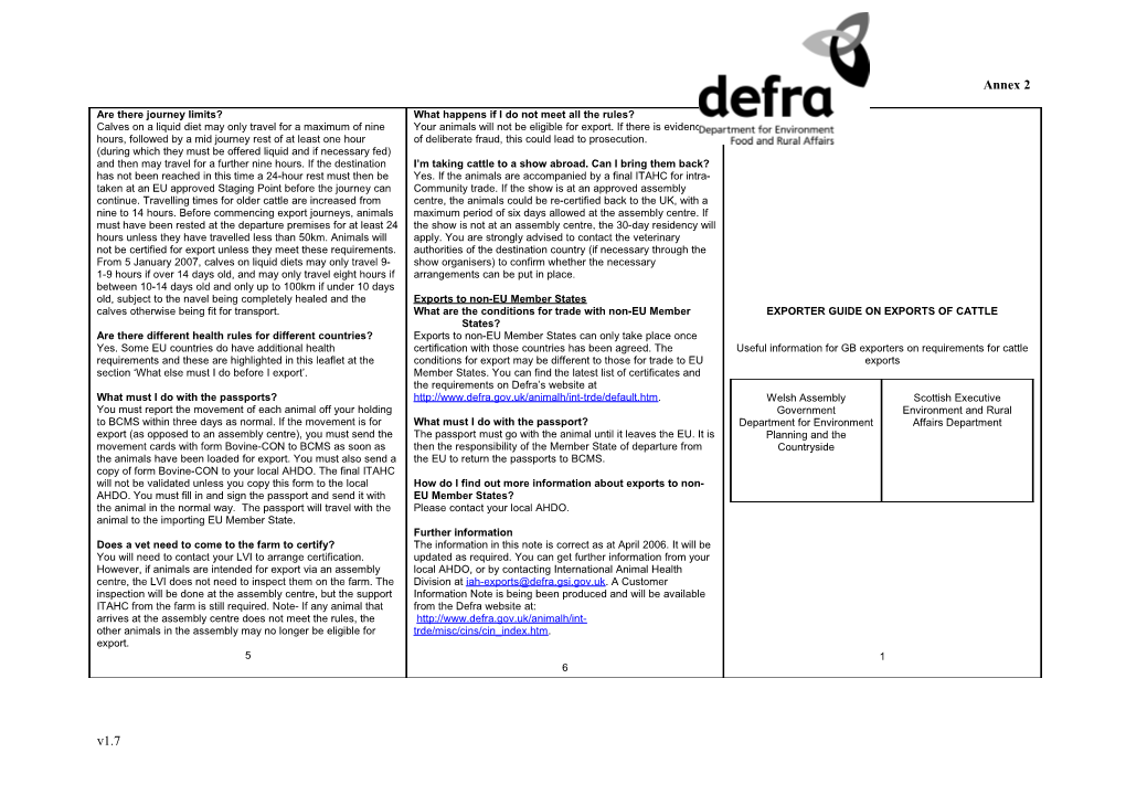 This Note Summarises the Controls Which Apply to the Despatch of Live Cattle from the UK