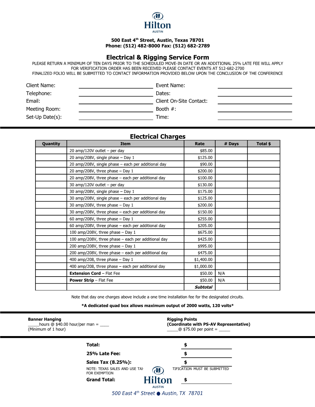 Electrical & Rigging Service Form