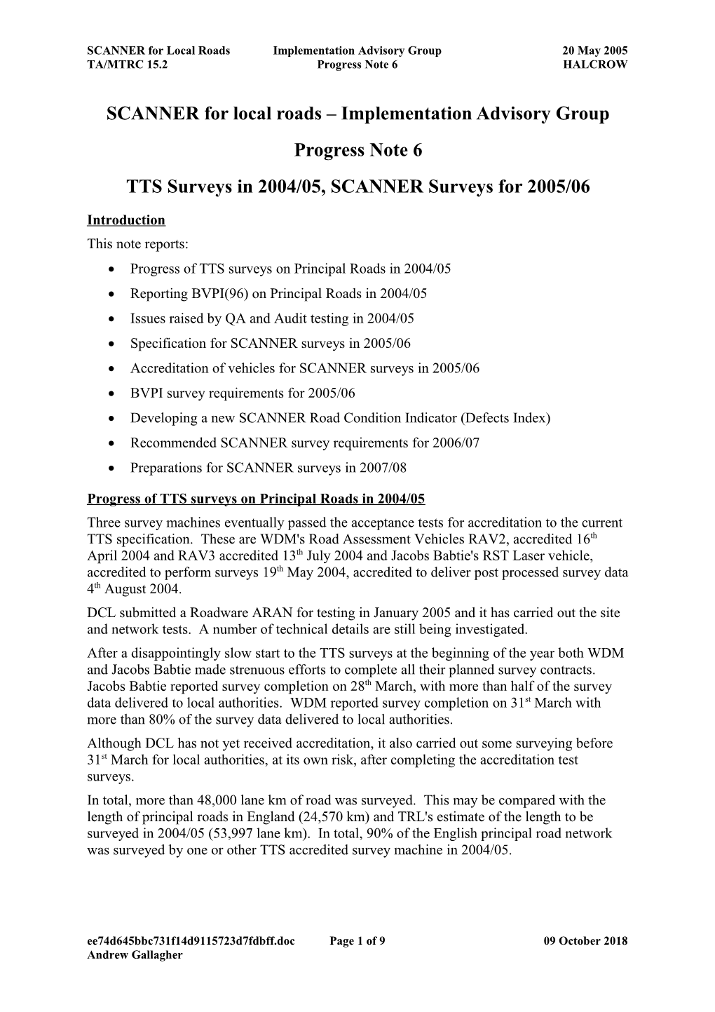 TTS on Local Roads Progress Note