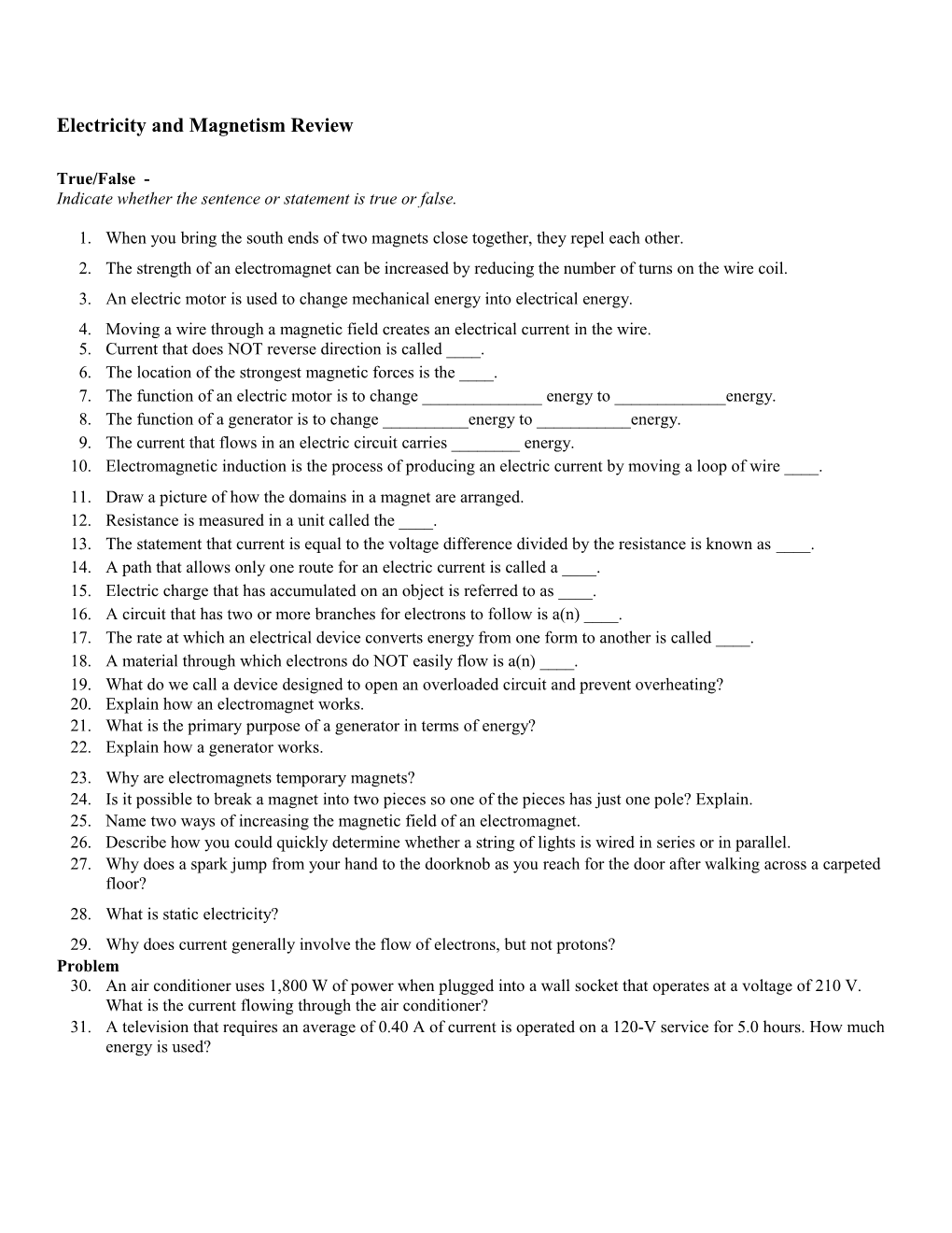 Electricity and Magnetism Review