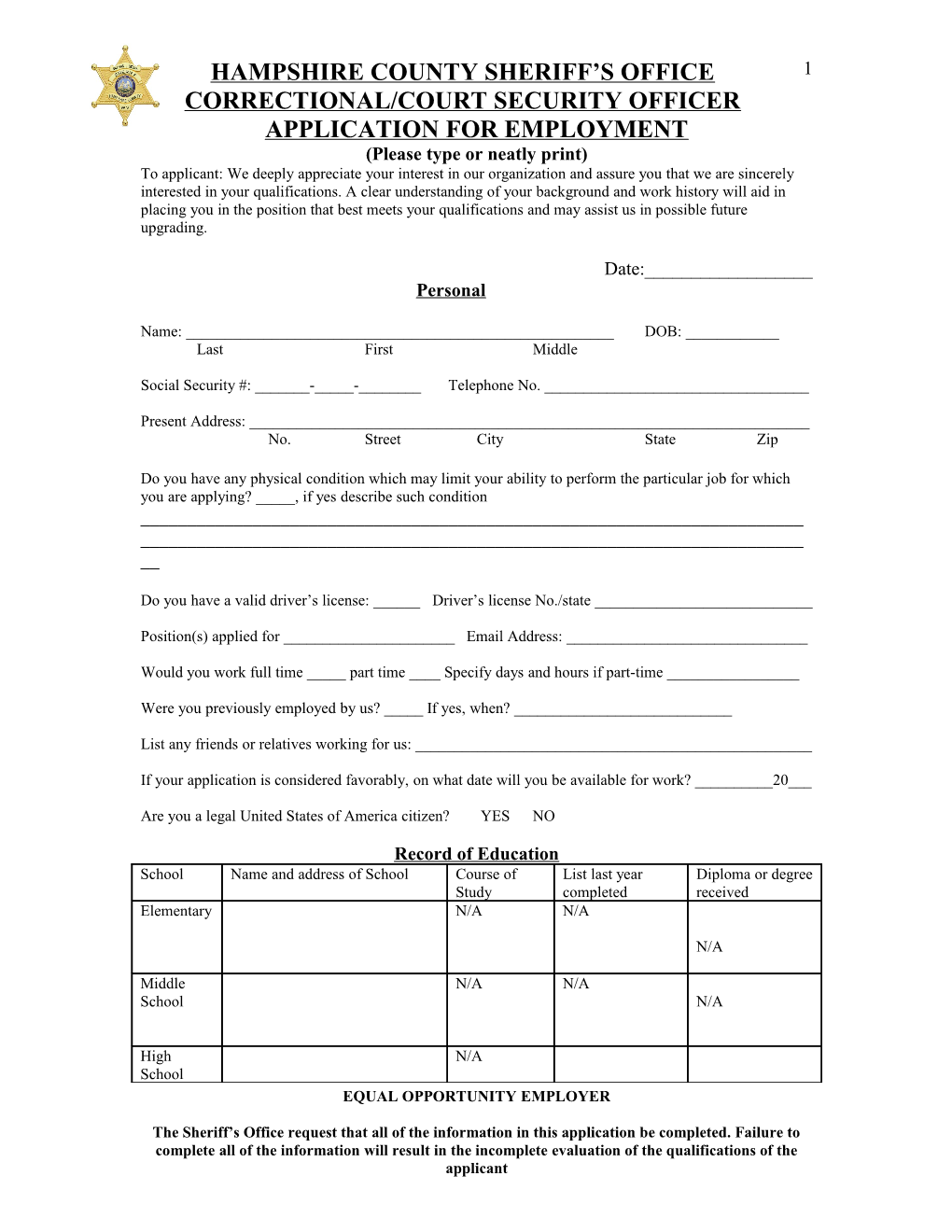 Hampshire County Sheriff S Office Application for Employment