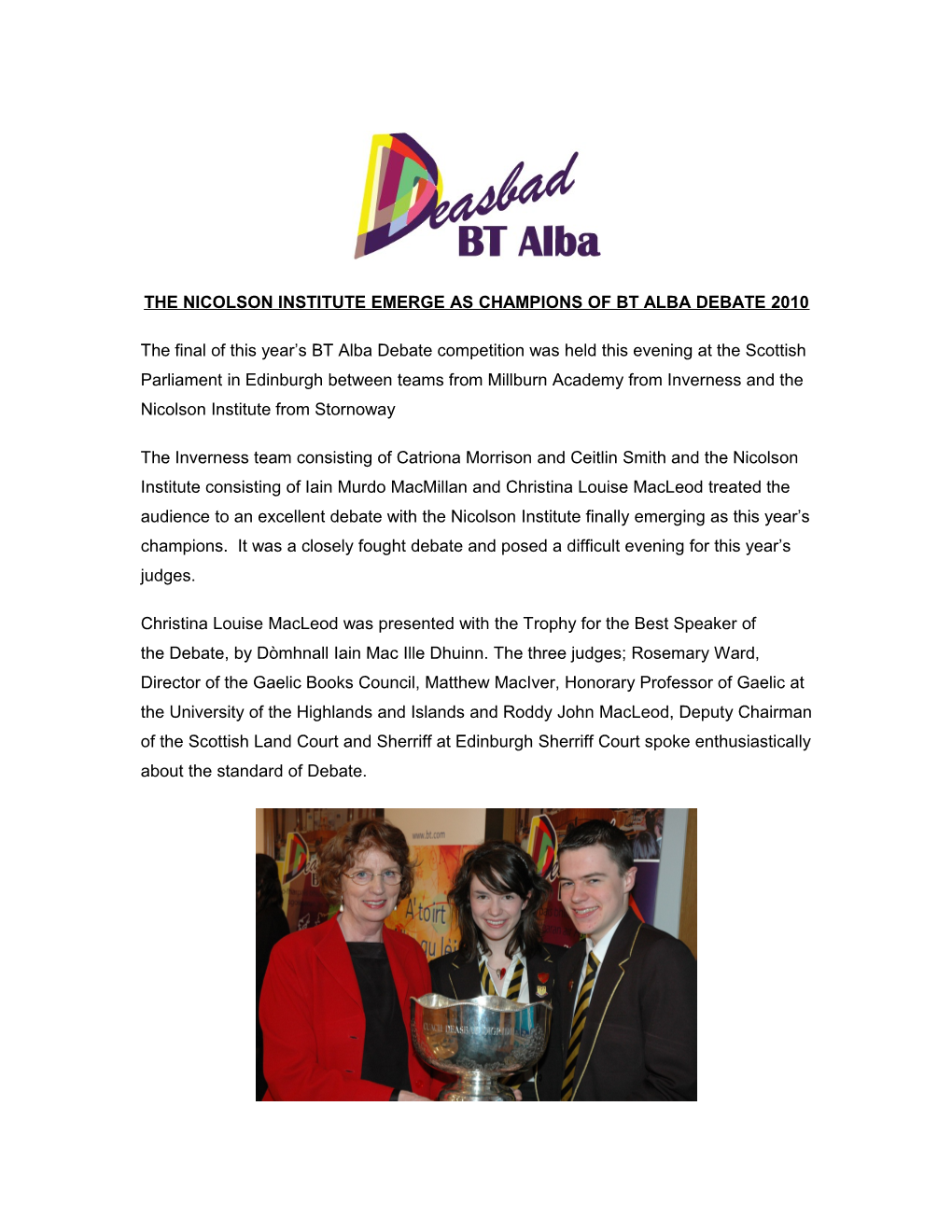 The Nicolson Institute Emerge As Champions of Bt Alba Debate 2010