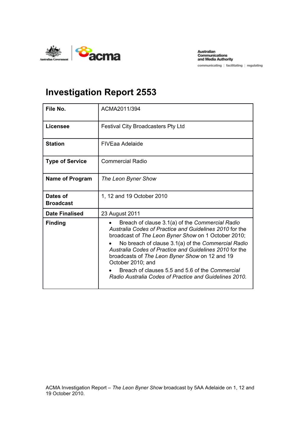 Investigation Report 2553