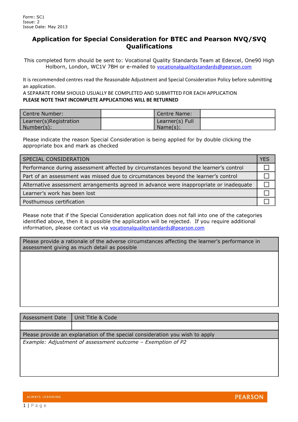 Application for Special Consideration for BTEC and Pearson NVQ/SVQ Qualifications